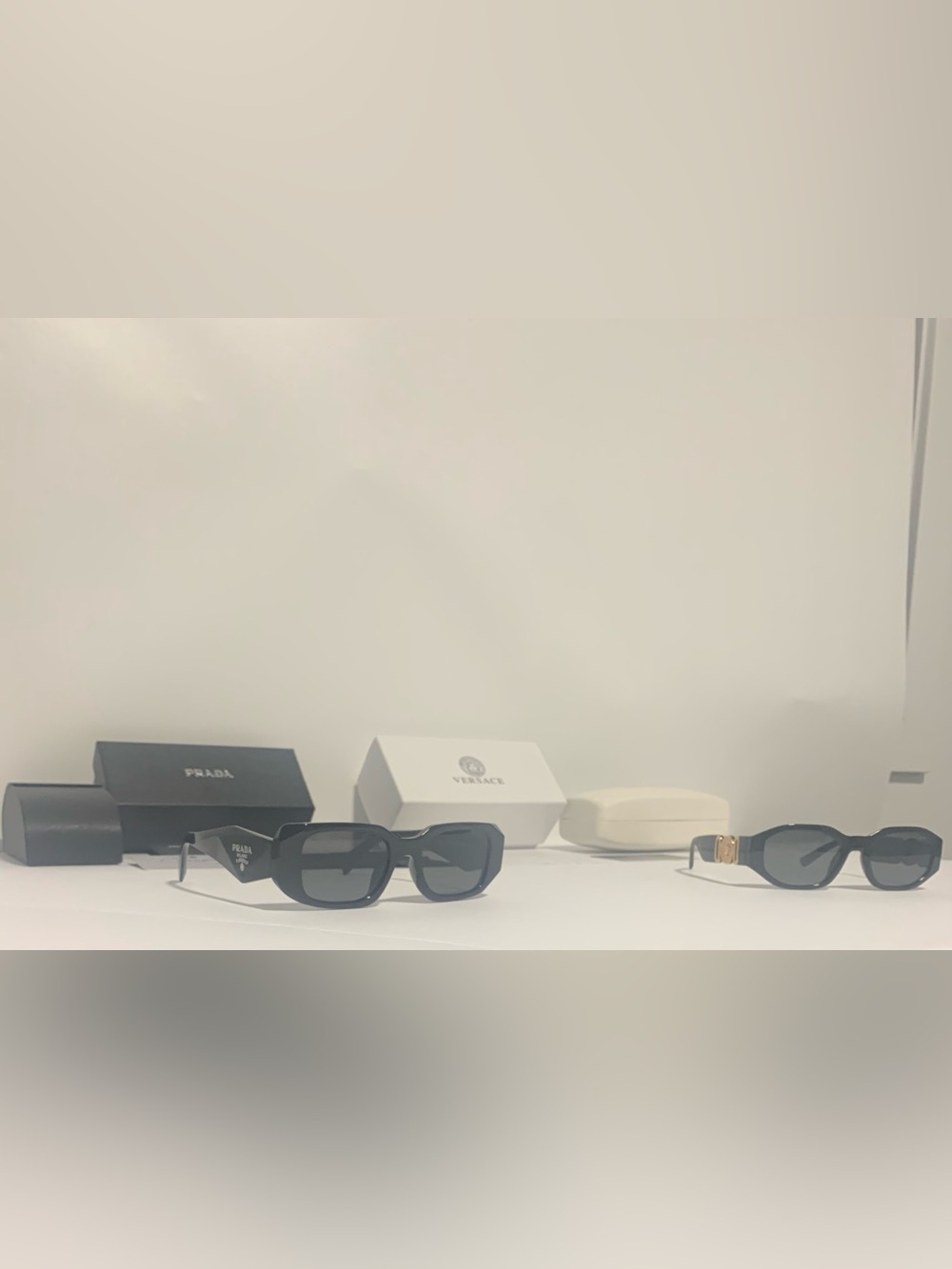 Prada and Versace Black Sunglasses with Cleaning Cloth and Boxes